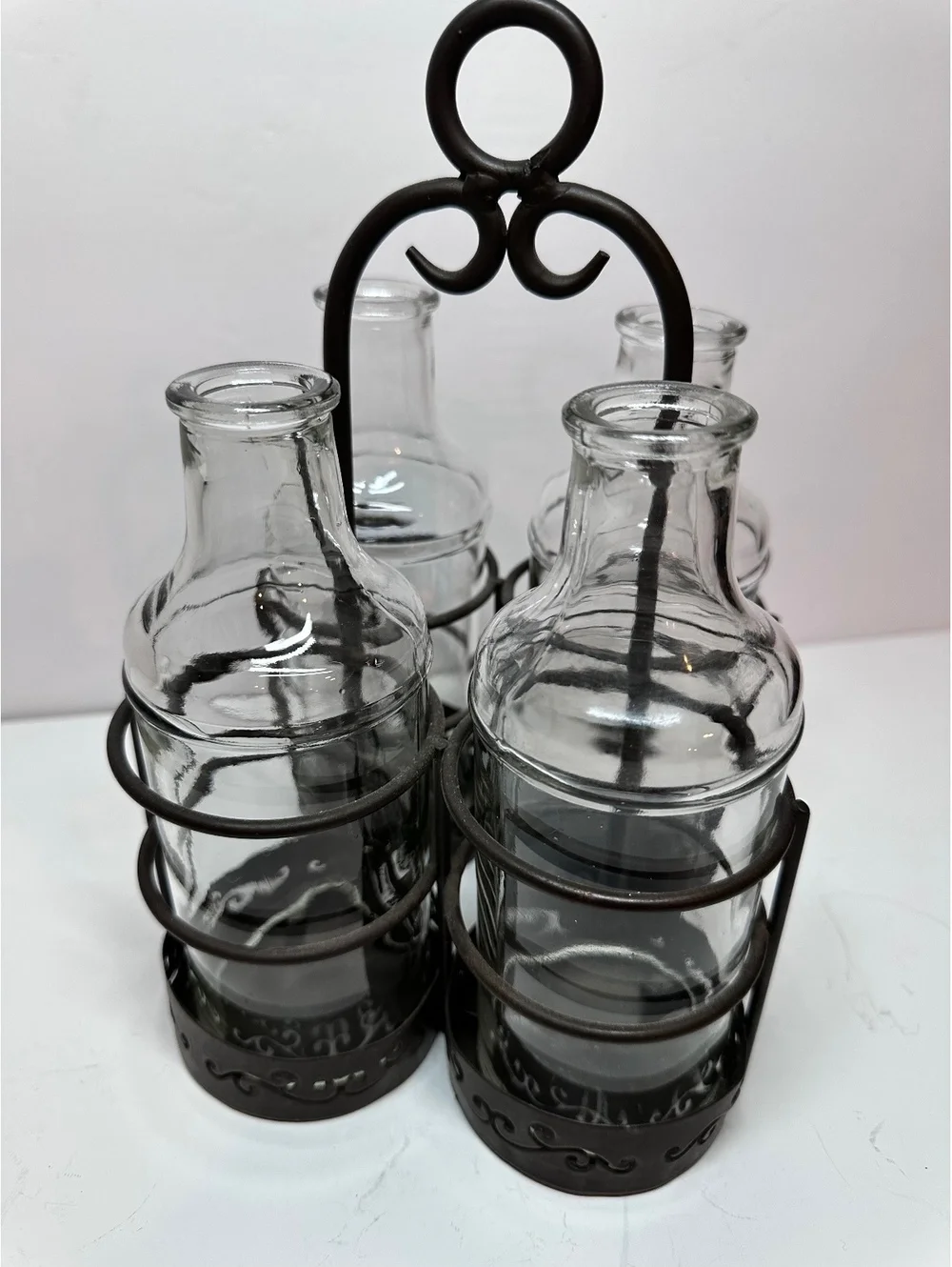 Vintage Rustic Centerpiece 4 Clear Glass Bottles Black Metal Candle Holder